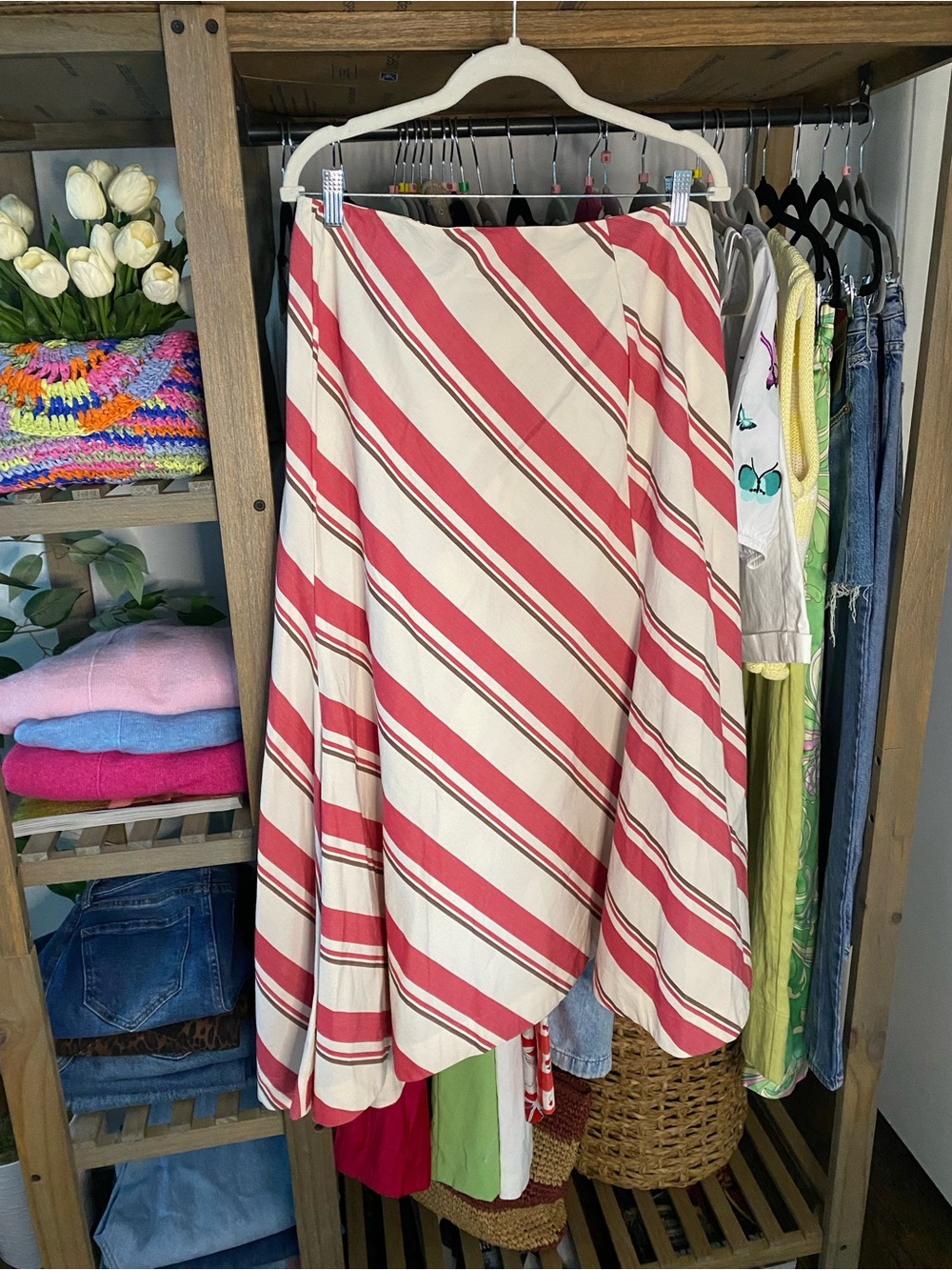 ZARA Cream Red Brown Diagonal Stripe A-Line Asymmetric Skirt! 🌺 - Picture 10 of 16